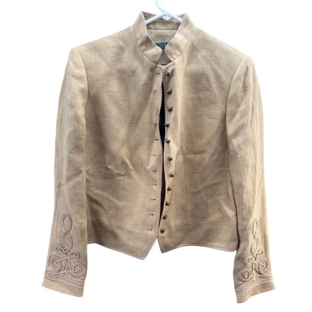 NWT Lauren Ralph Lauren Petite Tan Linen Military Jacket Soutache Cuffs 12P NEW - Picture 2 of 12